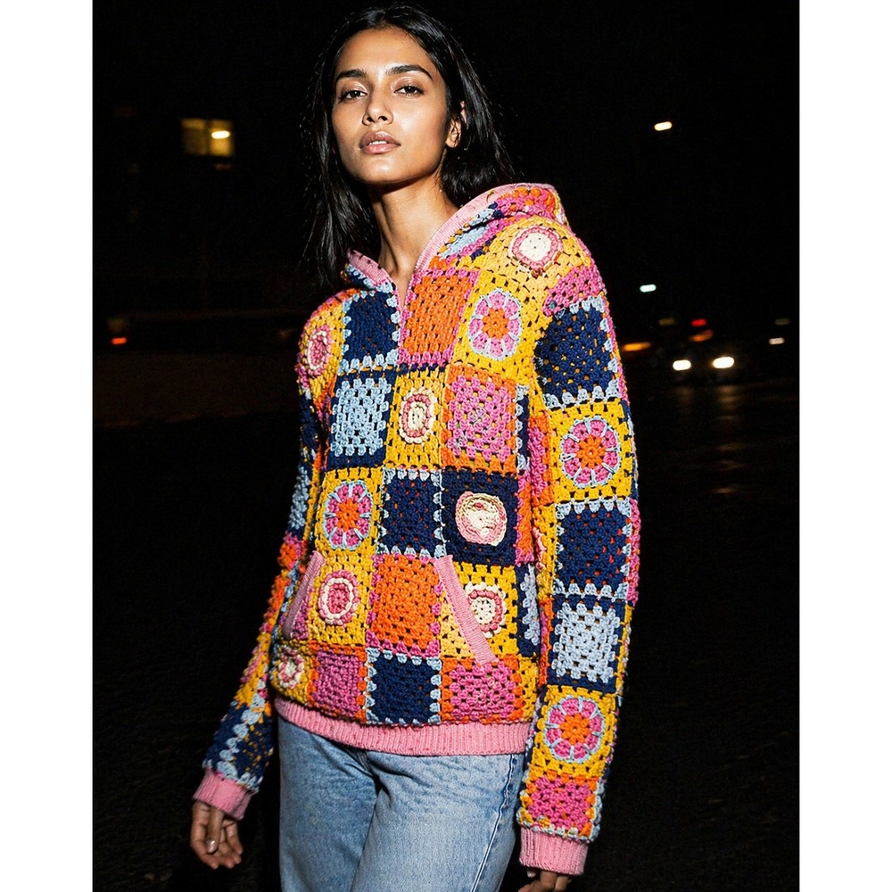 STAUD Women Multicolor Granny Square Crochet Hoodie Sweater Pink Blue Yellow XS